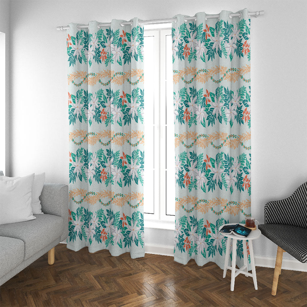 Monstera Tiare Plumeria Lei Pattern Window Curtain Teal Version LT01 With Grommets Teal - Polynesian Pride