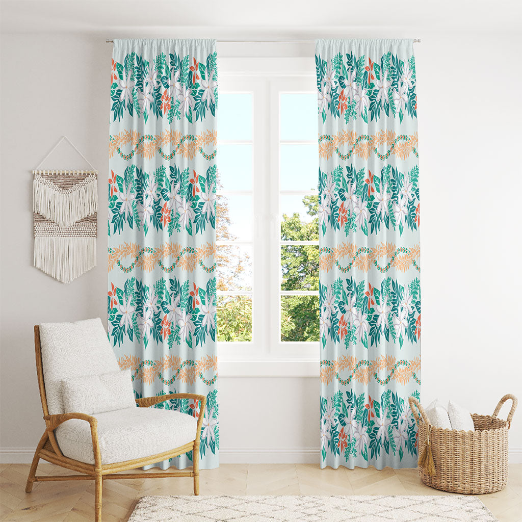 Monstera Tiare Plumeria Lei Pattern Window Curtain Teal Version LT01 - Polynesian Pride
