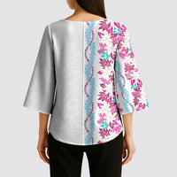 Monstera Tiare Plumeria Kimono Sleeve Blouse Pink Polynesian Pattern LT01 - Polynesian Pride