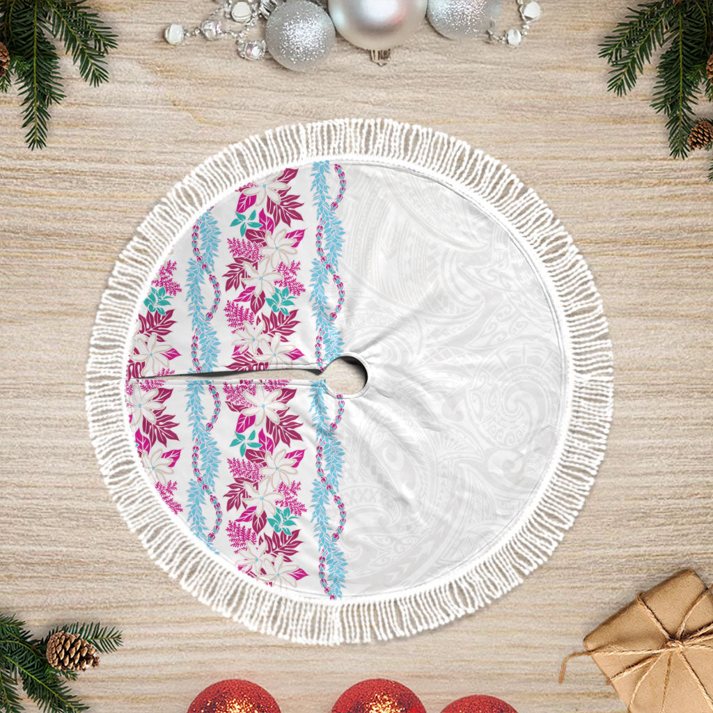 Monstera Tiare Plumeria Tree Skirt Pink Polynesian Pattern LT01 Fringed Pink - Polynesian Pride
