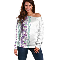Monstera Tiare Plumeria Off Shoulder Sweater Purple Polynesian Pattern LT01 Women Purple - Polynesian Pride