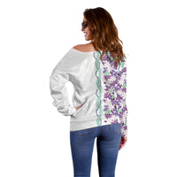 Monstera Tiare Plumeria Off Shoulder Sweater Purple Polynesian Pattern LT01 - Polynesian Pride