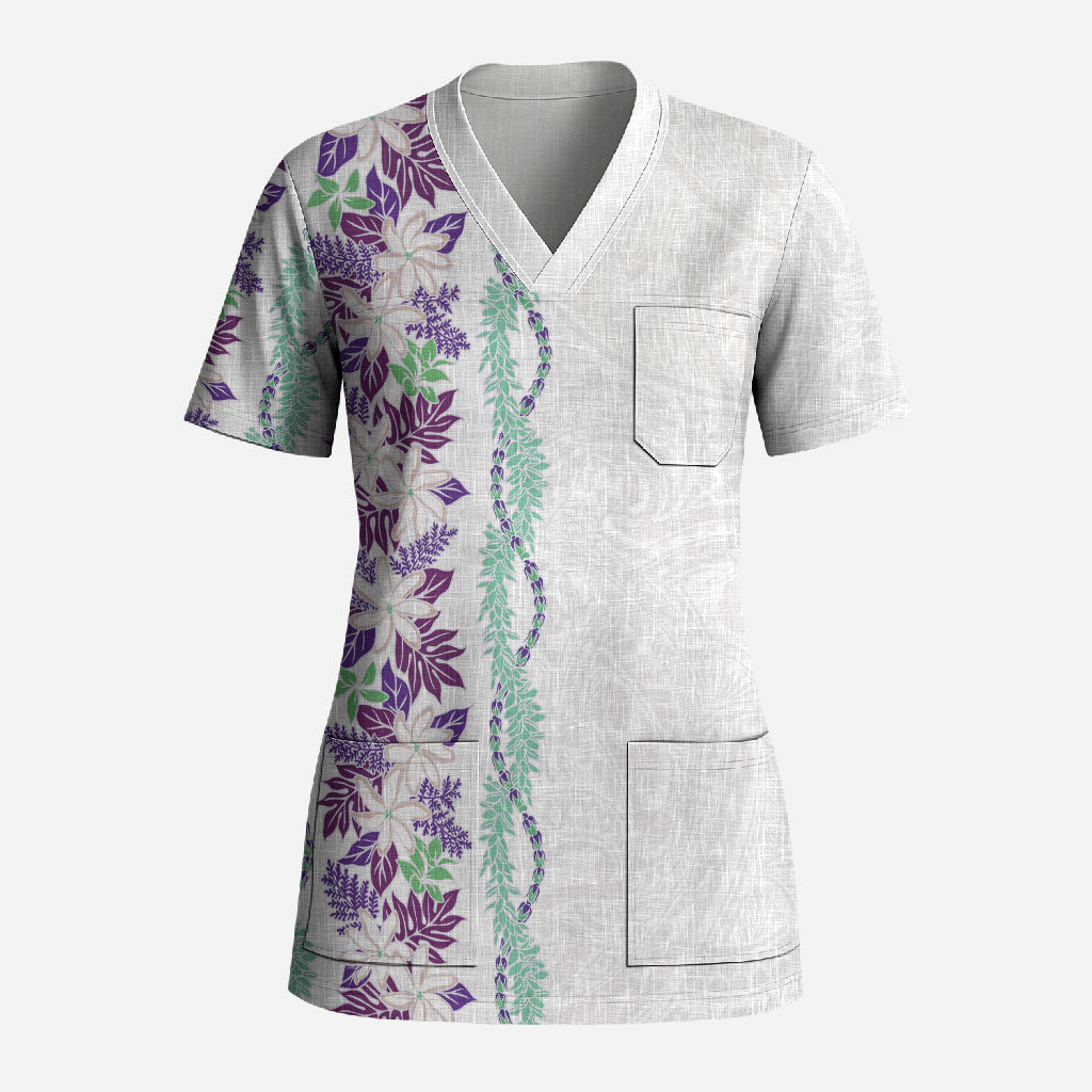 Monstera Tiare Plumeria Scrub Top Purple Polynesian Pattern LT01 Adult Purple - Polynesian Pride