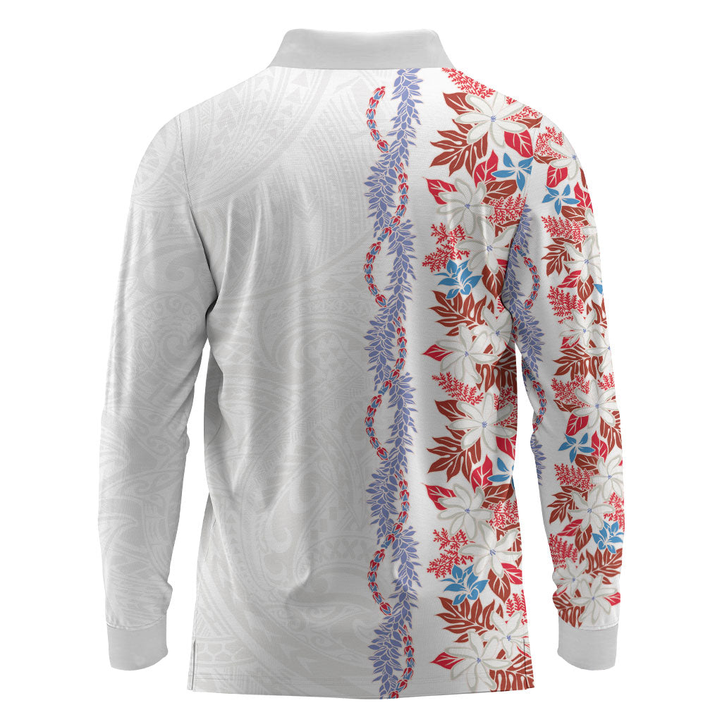 Monstera Tiare Plumeria Long Sleeve Polo Shirt Red Polynesian Pattern LT01 - Polynesian Pride