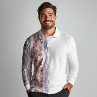 Monstera Tiare Plumeria Long Sleeve Polo Shirt Red Polynesian Pattern LT01 - Polynesian Pride