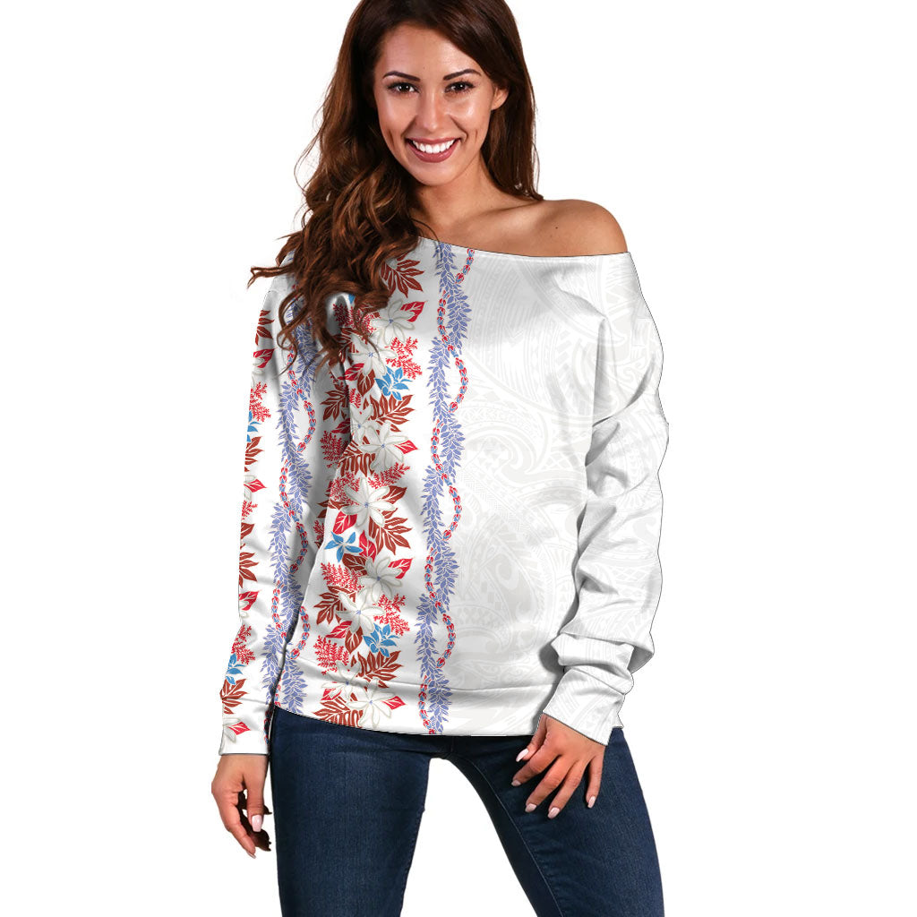 Monstera Tiare Plumeria Off Shoulder Sweater Red Polynesian Pattern LT01 Women Red - Polynesian Pride