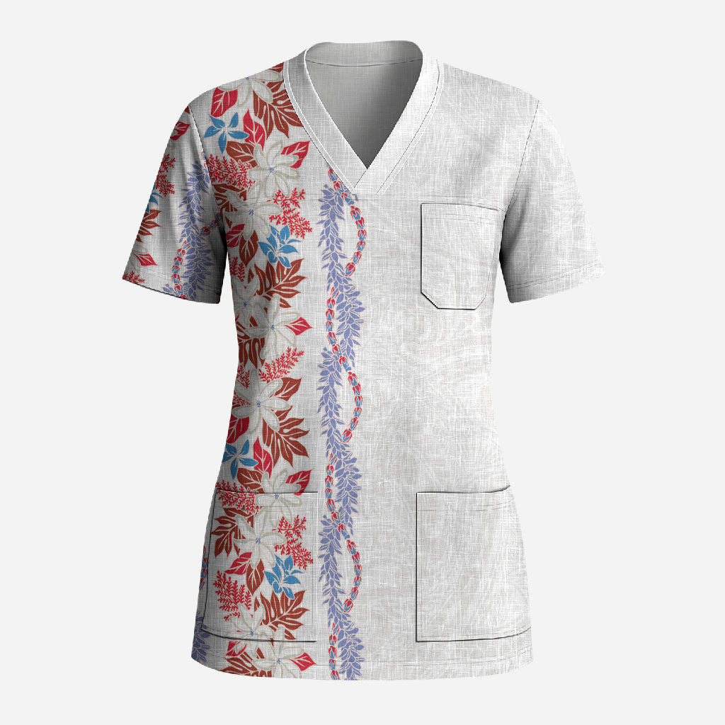 Monstera Tiare Plumeria Scrub Top Red Polynesian Pattern LT01 Adult Red - Polynesian Pride
