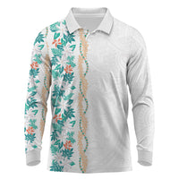 Monstera Tiare Plumeria Long Sleeve Polo Shirt Teal Polynesian Pattern LT01 Teal - Polynesian Pride