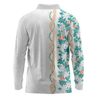 Monstera Tiare Plumeria Long Sleeve Polo Shirt Teal Polynesian Pattern LT01 - Polynesian Pride