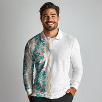 Monstera Tiare Plumeria Long Sleeve Polo Shirt Teal Polynesian Pattern LT01 - Polynesian Pride