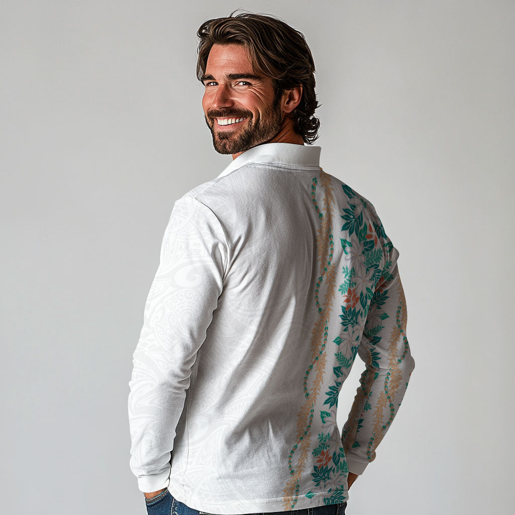 Monstera Tiare Plumeria Long Sleeve Polo Shirt Teal Polynesian Pattern LT01 - Polynesian Pride