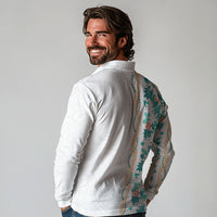 Monstera Tiare Plumeria Long Sleeve Polo Shirt Teal Polynesian Pattern LT01 - Polynesian Pride