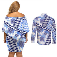Hawaii Quilt Couples Matching Off Shoulder Short Dress and Long Sleeve Button Shirt Kakau Polynesian Pattern Blue Version LT01 - Polynesian Pride