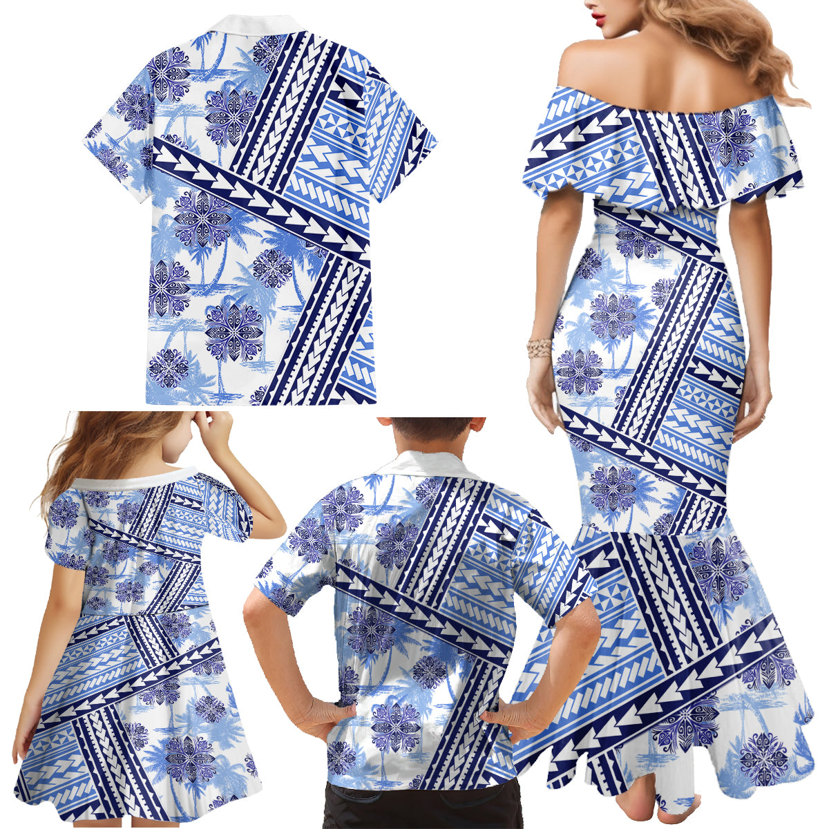 Hawaii Quilt Family Matching Mermaid Dress and Hawaiian Shirt Kakau Polynesian Pattern Blue Version LT01 - Polynesian Pride