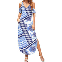 Hawaii Quilt Family Matching Summer Maxi Dress and Hawaiian Shirt Kakau Polynesian Pattern Blue Version LT01 Mom's Dress Blue - Polynesian Pride