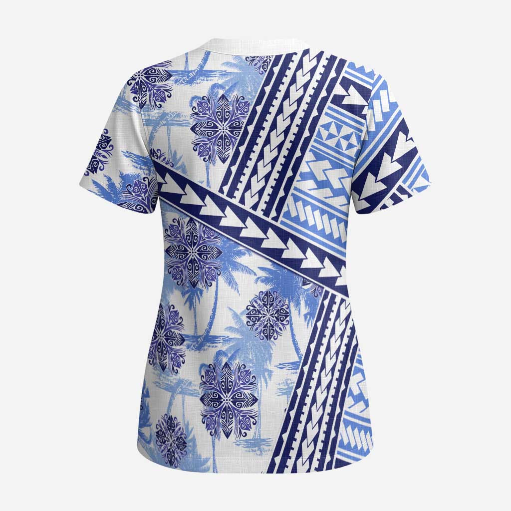 Hawaii Quilt Scrub Top Kakau Polynesian Pattern Blue Version - Polynesian Pride