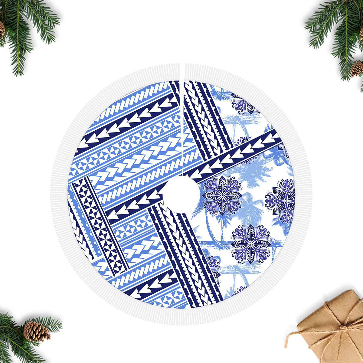 Hawaii Quilt Tree Skirt Kakau Polynesian Pattern Blue Version LT01 Fringed Tree Skirts Blue - Polynesian Pride