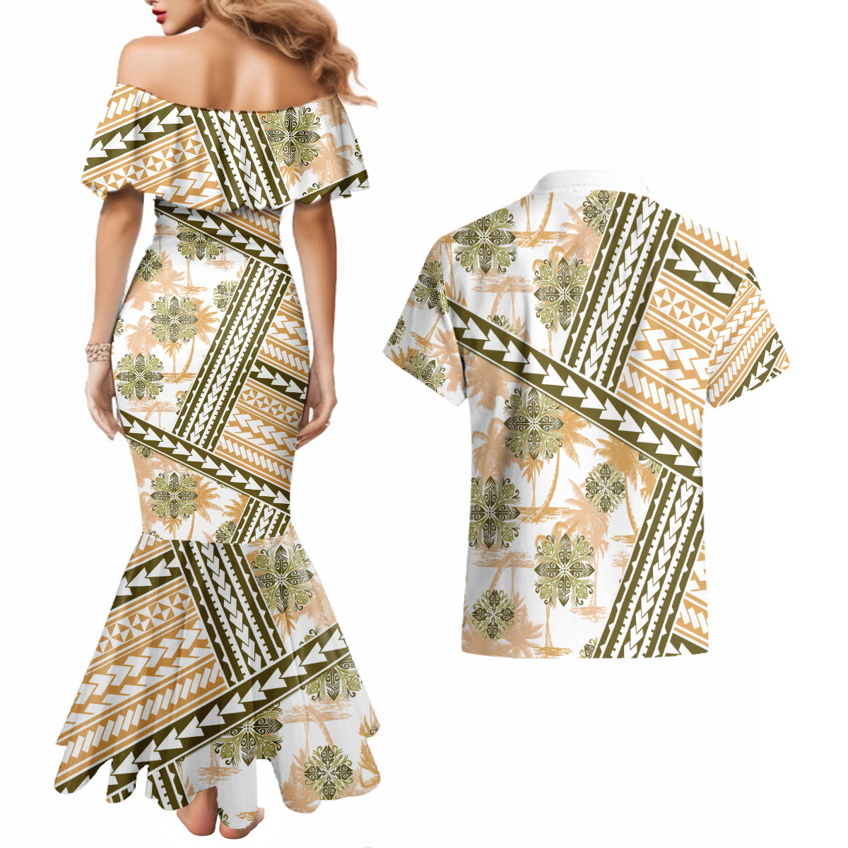 Hawaii Quilt Couples Matching Mermaid Dress and Hawaiian Shirt Kakau Polynesian Pattern Gold Version LT01 - Polynesian Pride