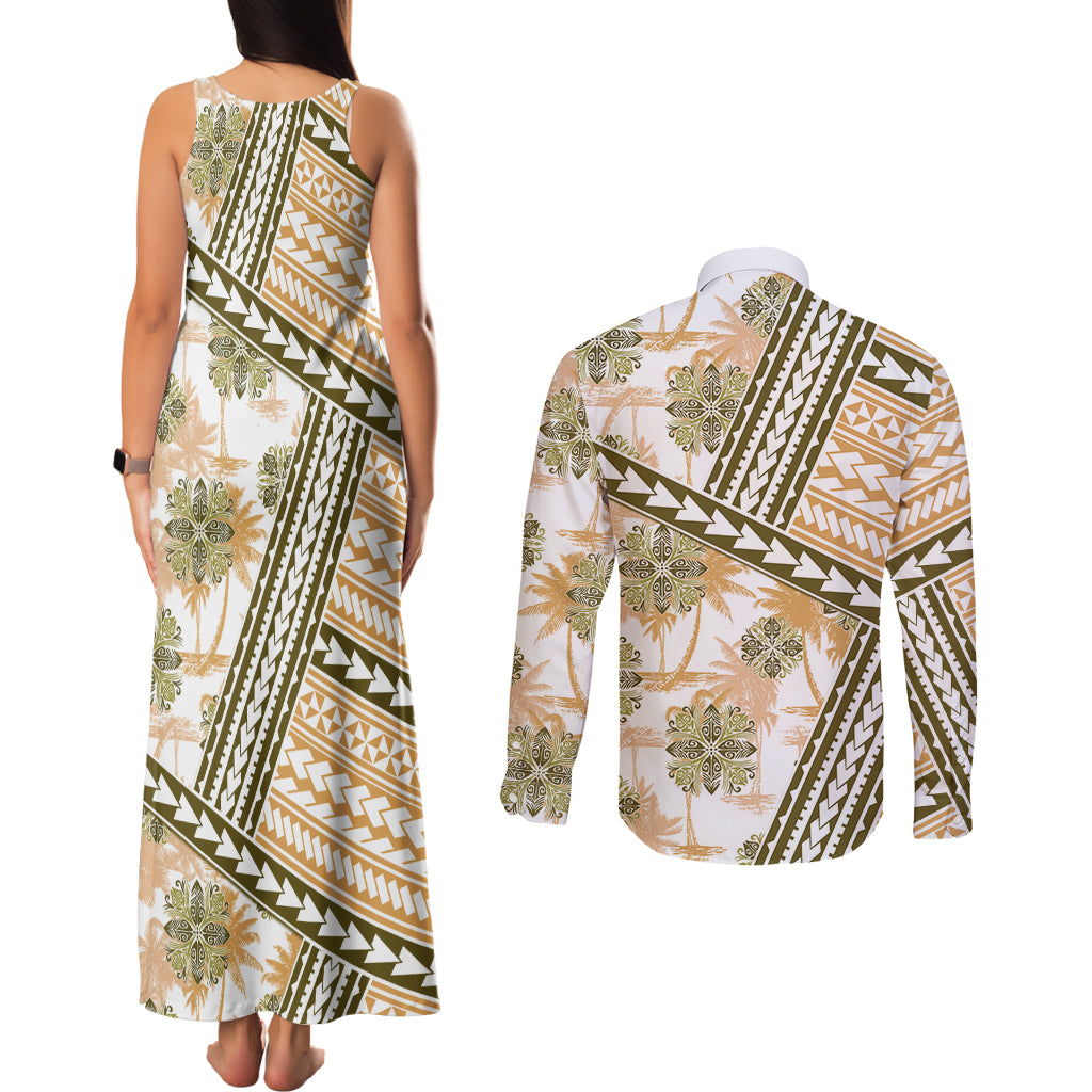 Hawaii Quilt Couples Matching Tank Maxi Dress and Long Sleeve Button Shirt Kakau Polynesian Pattern Gold Version LT01 - Polynesian Pride