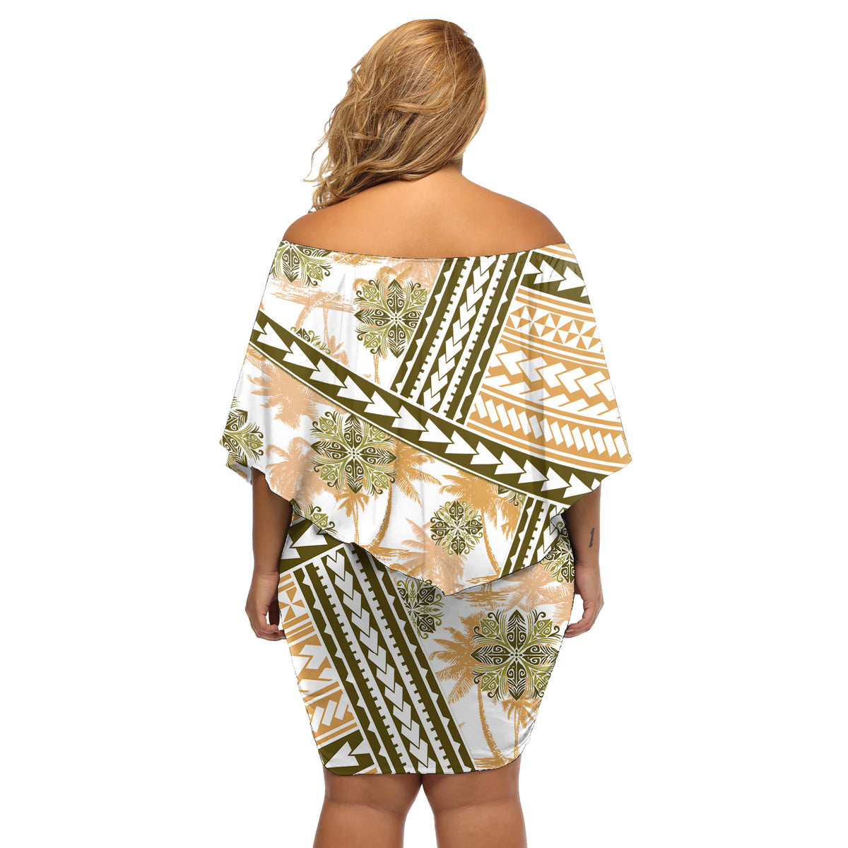 Hawaii Quilt Off Shoulder Short Dress Kakau Polynesian Pattern Gold Version LT01 - Polynesian Pride