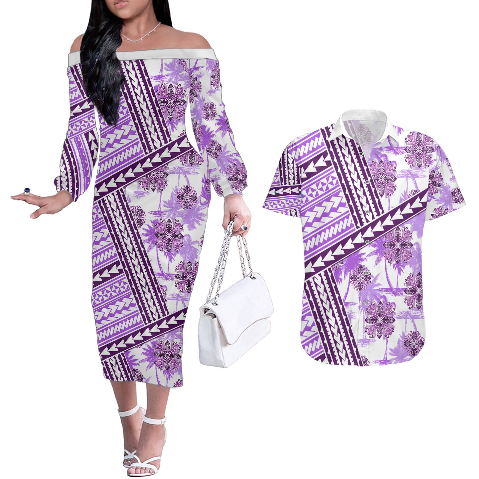 Hawaii Quilt Couples Matching Off The Shoulder Long Sleeve Dress and Hawaiian Shirt Kakau Polynesian Pattern Lilac Version LT01 Purple - Polynesian Pride