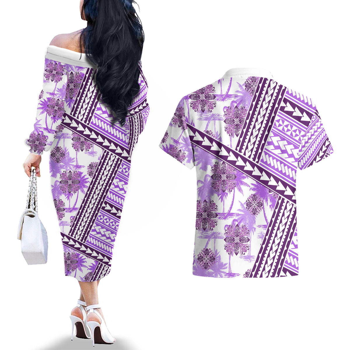 Hawaii Quilt Couples Matching Off The Shoulder Long Sleeve Dress and Hawaiian Shirt Kakau Polynesian Pattern Lilac Version LT01 - Polynesian Pride