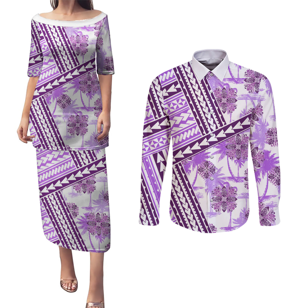 Hawaii Quilt Couples Matching Puletasi Dress and Long Sleeve Button Shirt Kakau Polynesian Pattern Lilac Version LT01 Purple - Polynesian Pride