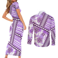 Hawaii Quilt Couples Matching Short Sleeve Bodycon Dress and Long Sleeve Button Shirt Kakau Polynesian Pattern Lilac Version LT01 - Polynesian Pride