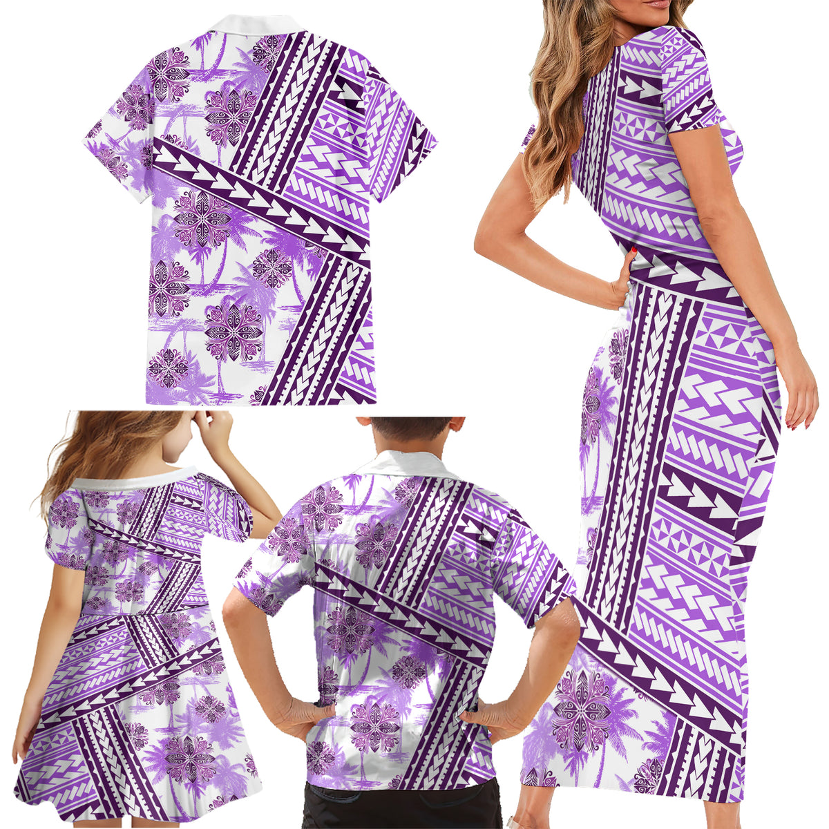 Hawaii Quilt Family Matching Short Sleeve Bodycon Dress and Hawaiian Shirt Kakau Polynesian Pattern Lilac Version LT01 - Polynesian Pride