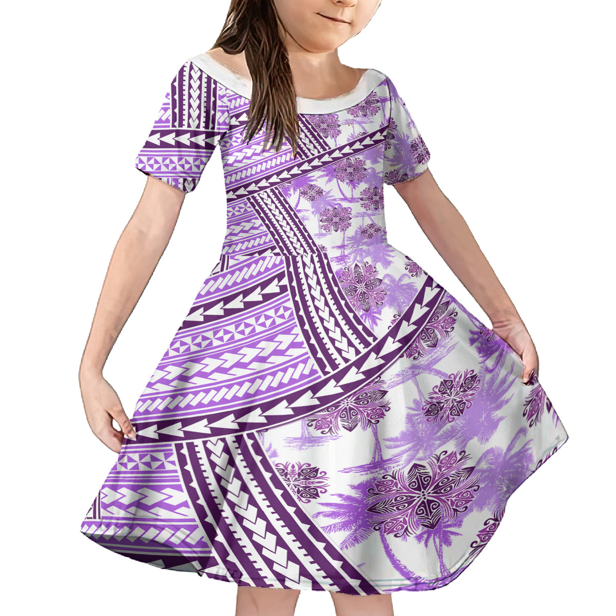 Hawaii Quilt Kid Short Sleeve Dress Kakau Polynesian Pattern Lilac Version LT01 KID Purple - Polynesian Pride