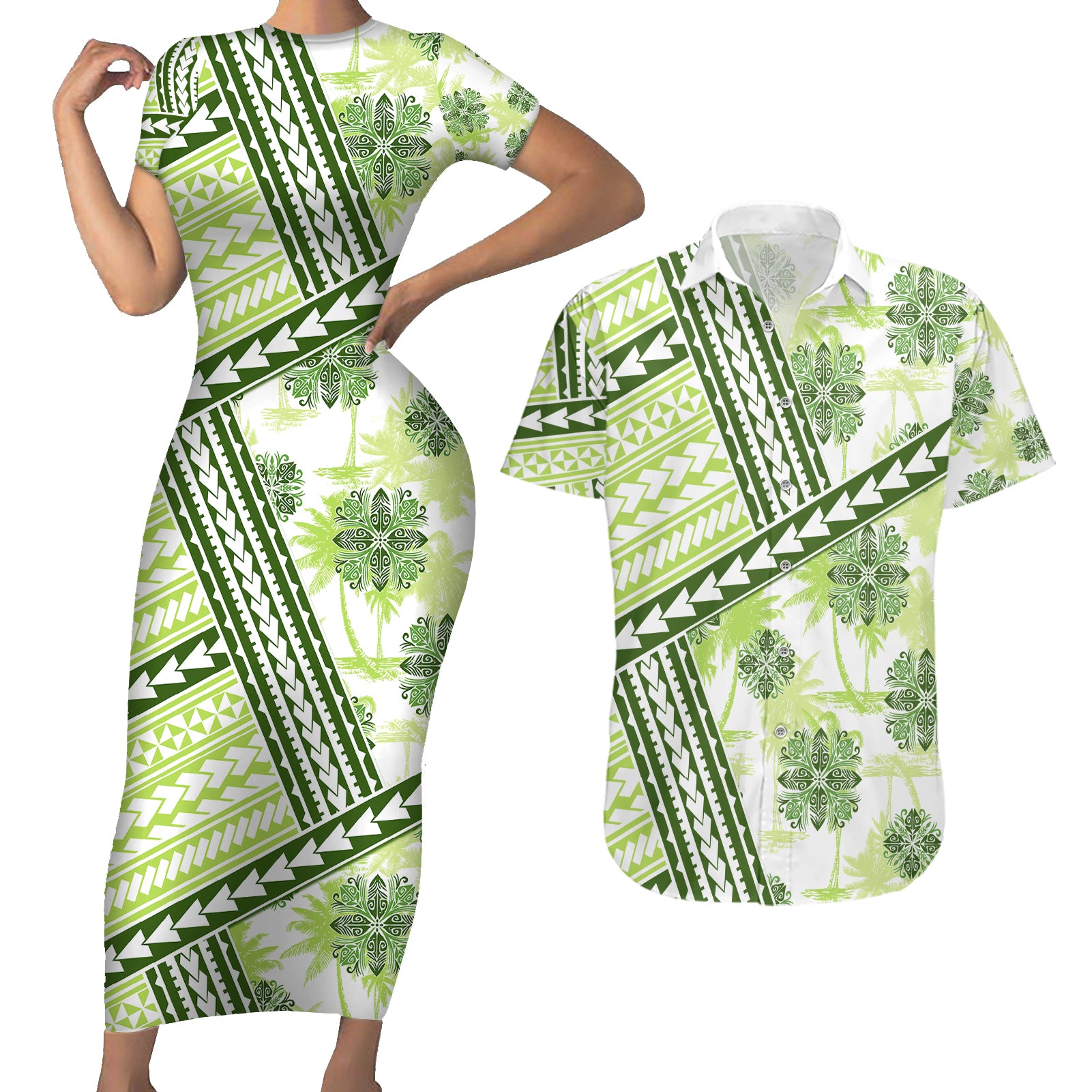 Hawaii Quilt Couples Matching Short Sleeve Bodycon Dress and Hawaiian Shirt Kakau Polynesian Pattern Olive Green Version LT01 Green - Polynesian Pride