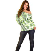 Hawaii Quilt Off Shoulder Sweater Kakau Polynesian Pattern Olive Green Version LT01 - Polynesian Pride