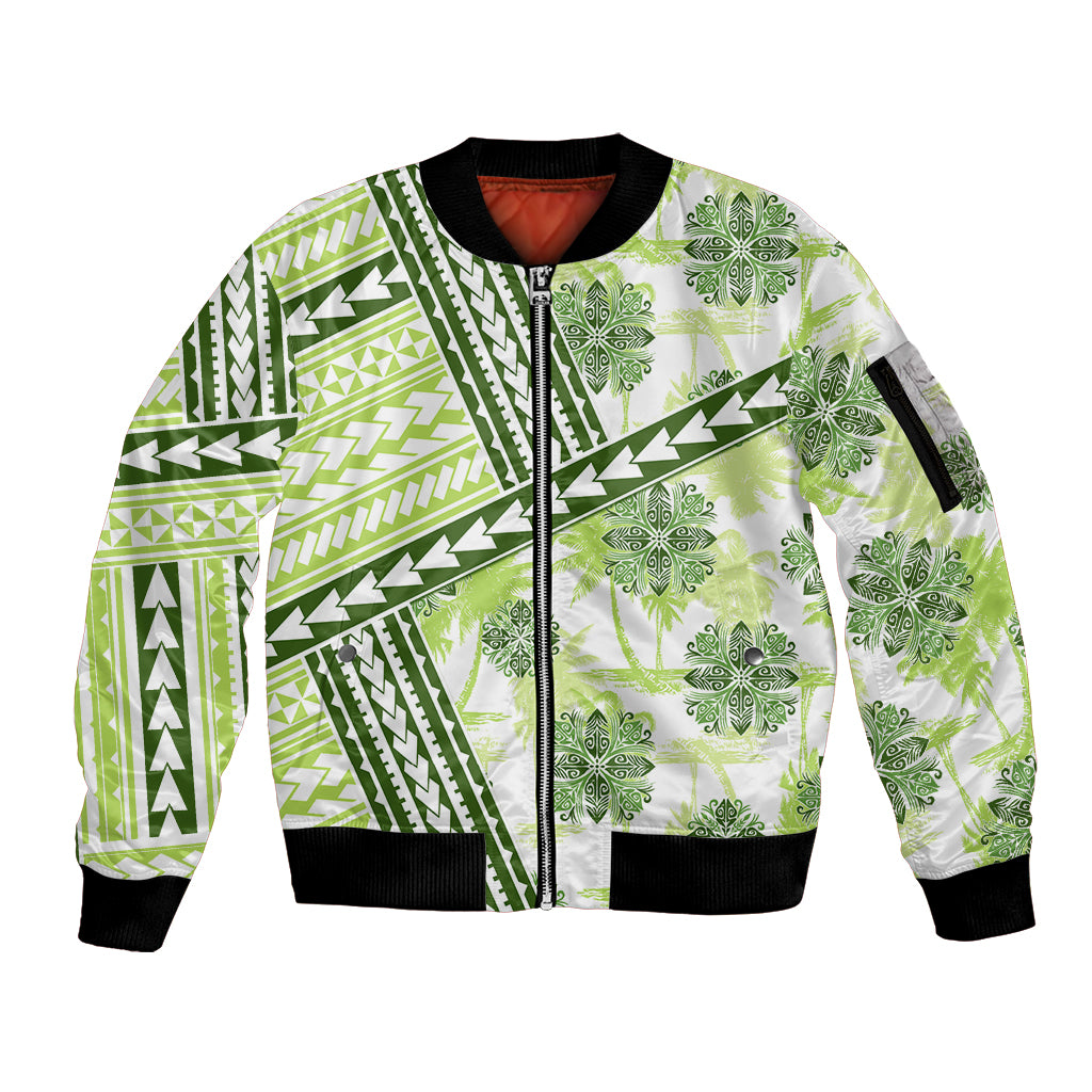 Hawaii Quilt Sleeve Zip Bomber Jacket Kakau Polynesian Pattern Olive Green Version LT01 Unisex Green - Polynesian Pride