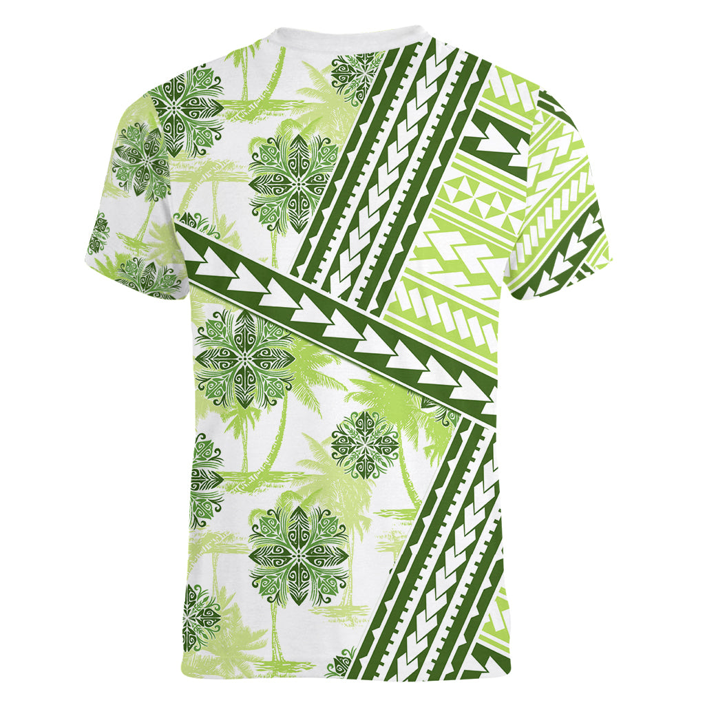 Hawaii Quilt Women V Neck T Shirt Kakau Polynesian Pattern Olive Green Version LT01 - Polynesian Pride