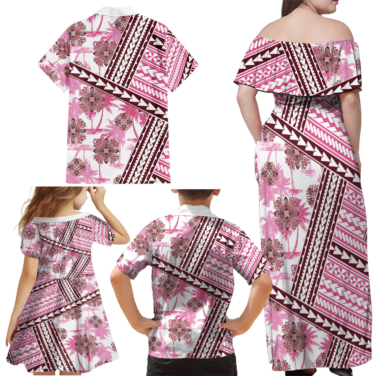 Hawaii Quilt Family Matching Off Shoulder Maxi Dress and Hawaiian Shirt Kakau Polynesian Pattern Mauve Pink Version LT01 - Polynesian Pride