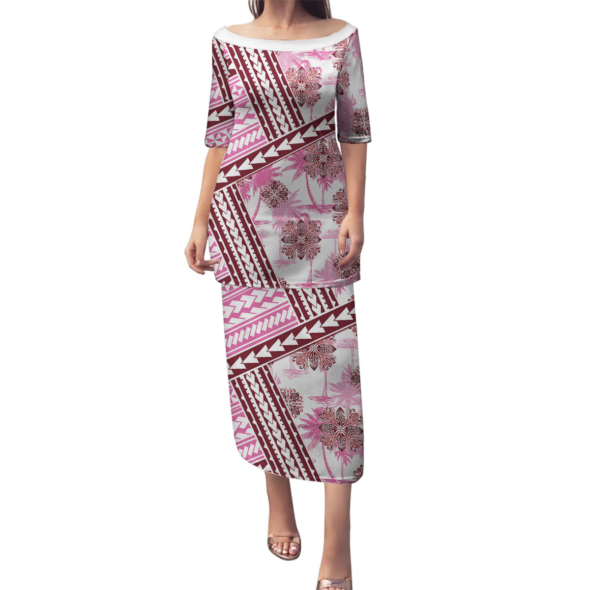 Hawaii Quilt Family Matching Puletasi Dress and Hawaiian Shirt Kakau Polynesian Pattern Mauve Pink Version LT01 Mom's Dress Pink - Polynesian Pride