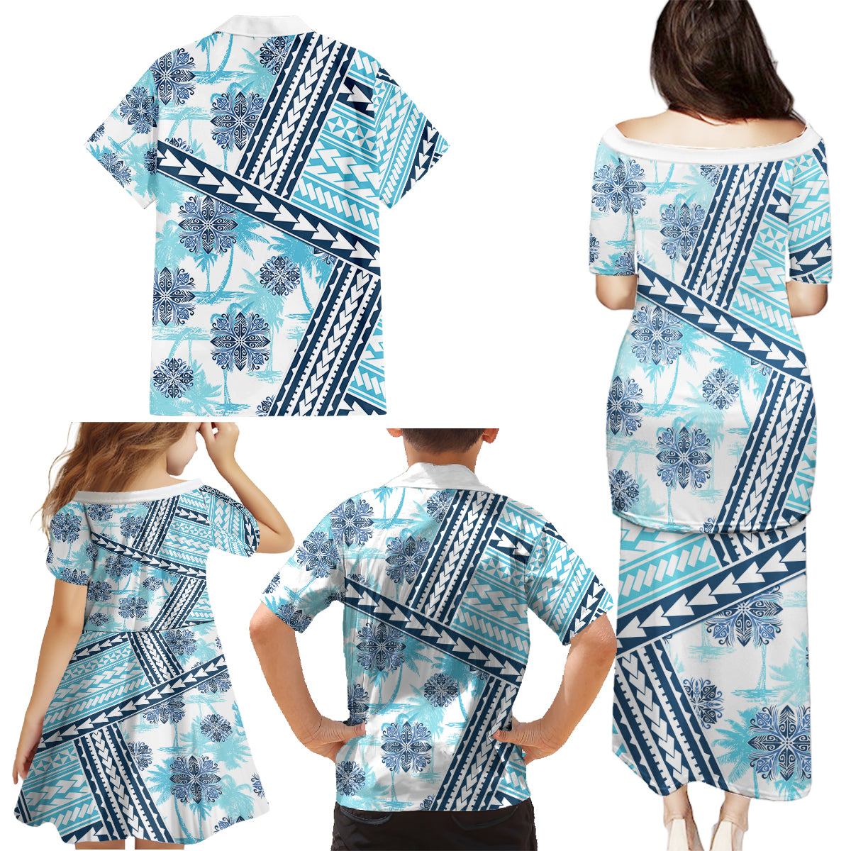 Hawaii Quilt Family Matching Puletasi Dress and Hawaiian Shirt Kakau Polynesian Pattern Sky Blue Version LT01 - Polynesian Pride