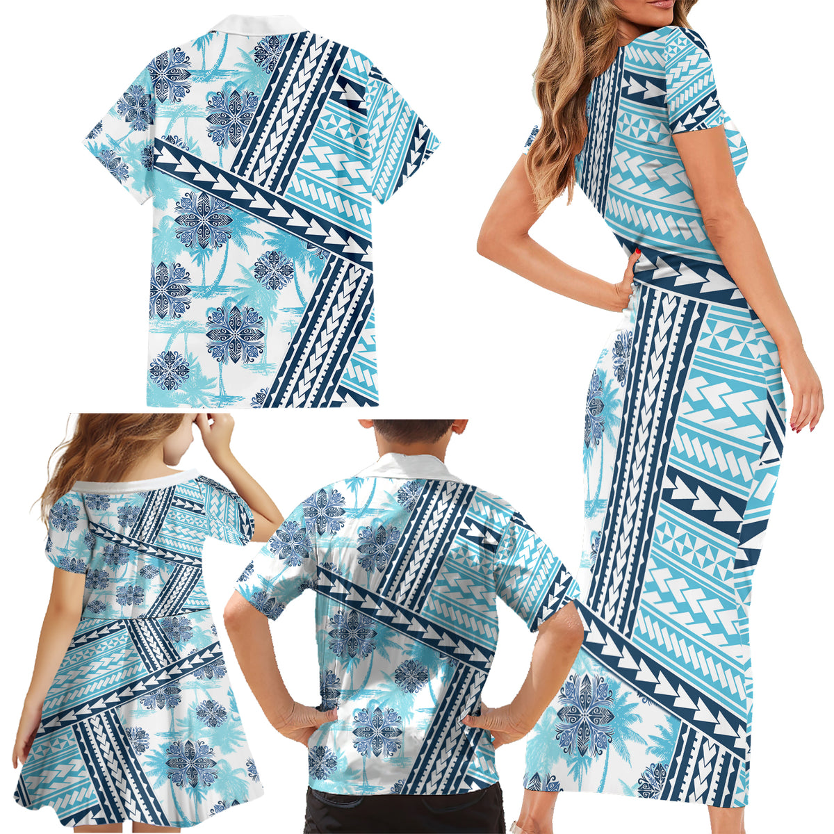 Hawaii Quilt Family Matching Short Sleeve Bodycon Dress and Hawaiian Shirt Kakau Polynesian Pattern Sky Blue Version LT01 - Polynesian Pride