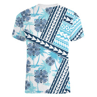 Hawaii Quilt Women V Neck T Shirt Kakau Polynesian Pattern Sky Blue Version LT01 - Polynesian Pride