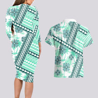 Hawaii Quilt Couples Matching Long Sleeve Bodycon Dress and Hawaiian Shirt Kakau Polynesian Pattern Teal Version LT01 - Polynesian Pride