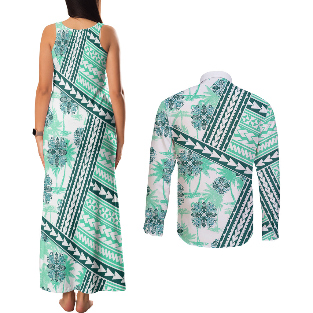 Hawaii Quilt Couples Matching Tank Maxi Dress and Long Sleeve Button Shirt Kakau Polynesian Pattern Teal Version LT01 - Polynesian Pride