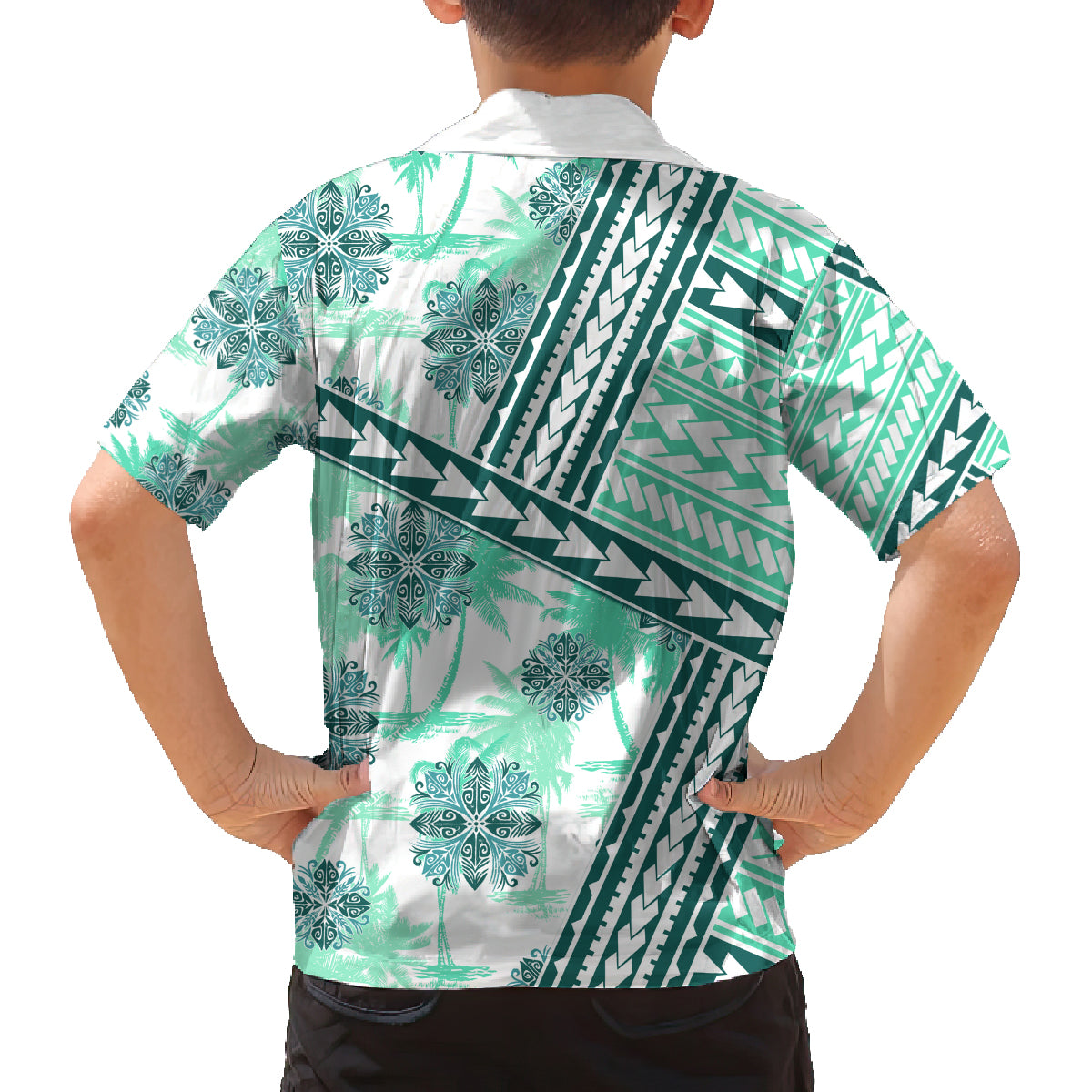 Hawaii Quilt Family Matching Long Sleeve Bodycon Dress and Hawaiian Shirt Kakau Polynesian Pattern Teal Version LT01 - Polynesian Pride