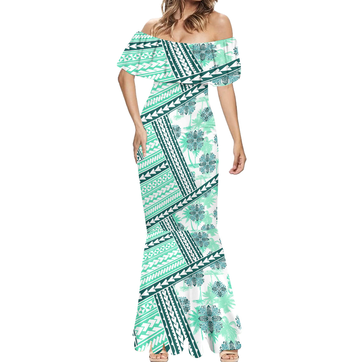 Hawaii Quilt Mermaid Dress Kakau Polynesian Pattern Teal Version LT01 - Polynesian Pride