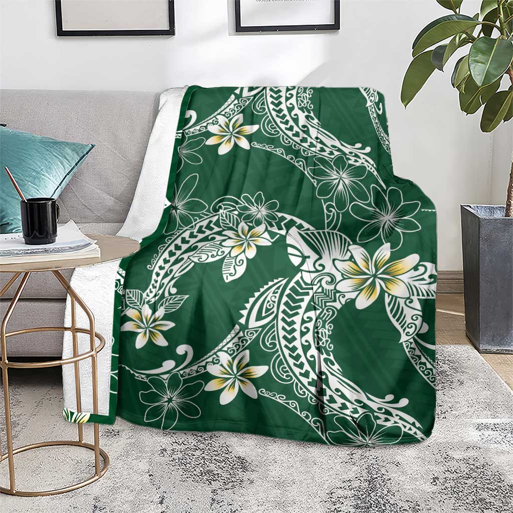 Polynesian Hawaiian Plumeria Tribal Pattern Blanket Green Version