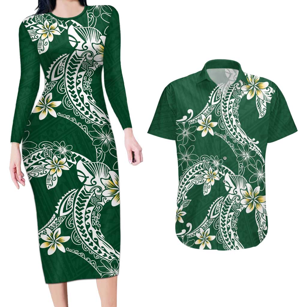 Polynesian Hawaiian Plumeria Tribal Pattern Couples Matching Long Sleeve Bodycon Dress and Hawaiian Shirt Green Version