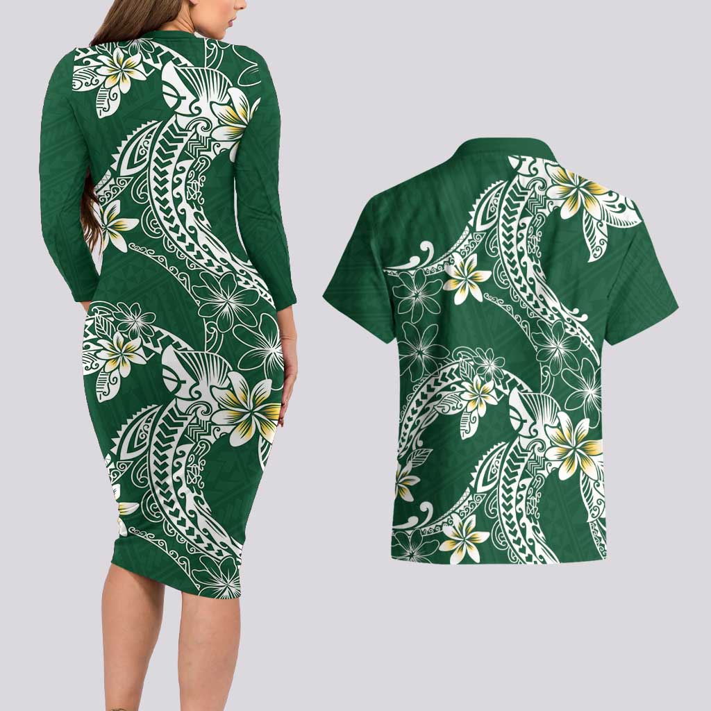 Polynesian Hawaiian Plumeria Tribal Pattern Couples Matching Long Sleeve Bodycon Dress and Hawaiian Shirt Green Version