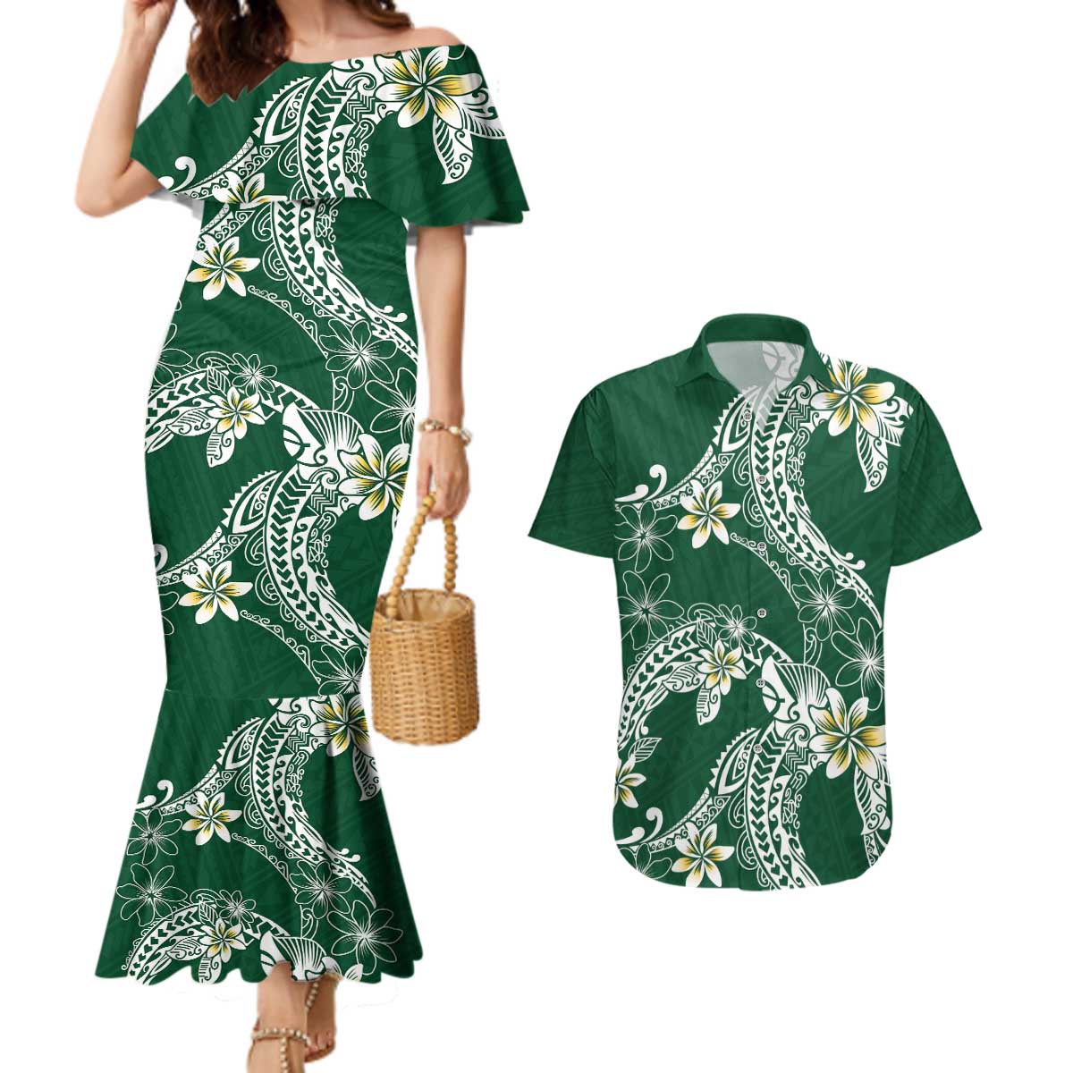 Polynesian Hawaiian Plumeria Tribal Pattern Couples Matching Mermaid Dress and Hawaiian Shirt Green Version