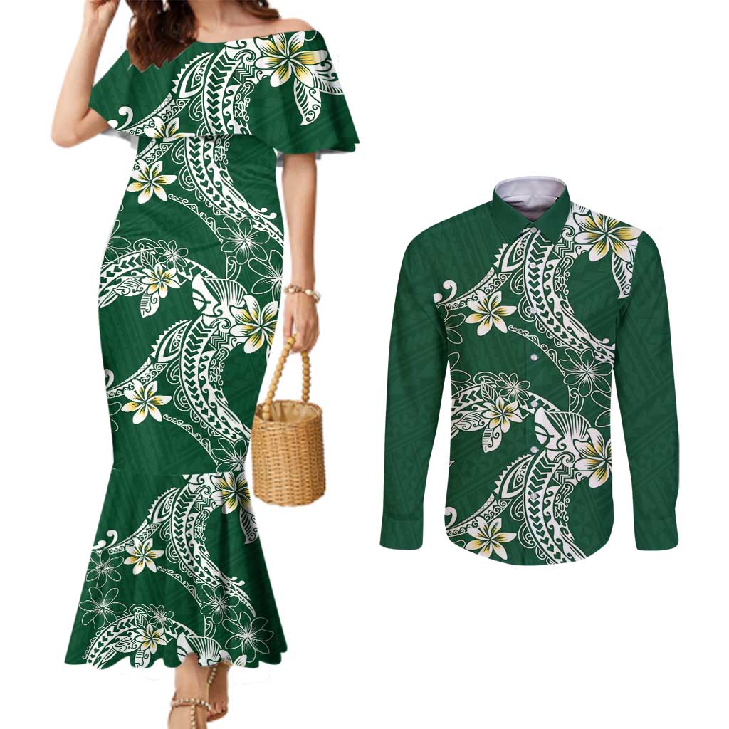 Polynesian Hawaiian Plumeria Tribal Pattern Couples Matching Mermaid Dress and Long Sleeve Button Shirt Green Version