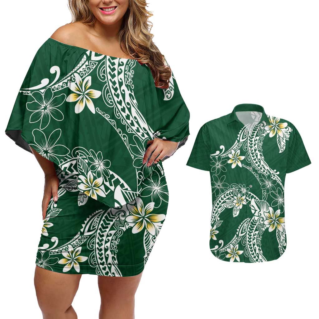 Polynesian Hawaiian Plumeria Tribal Pattern Couples Matching Off Shoulder Short Dress and Hawaiian Shirt Green Version