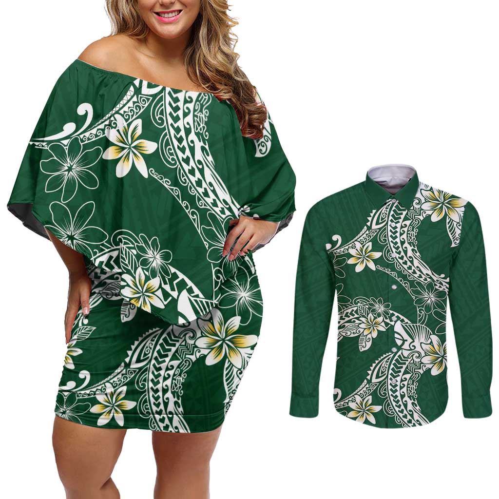 Polynesian Hawaiian Plumeria Tribal Pattern Couples Matching Off Shoulder Short Dress and Long Sleeve Button Shirt Green Version